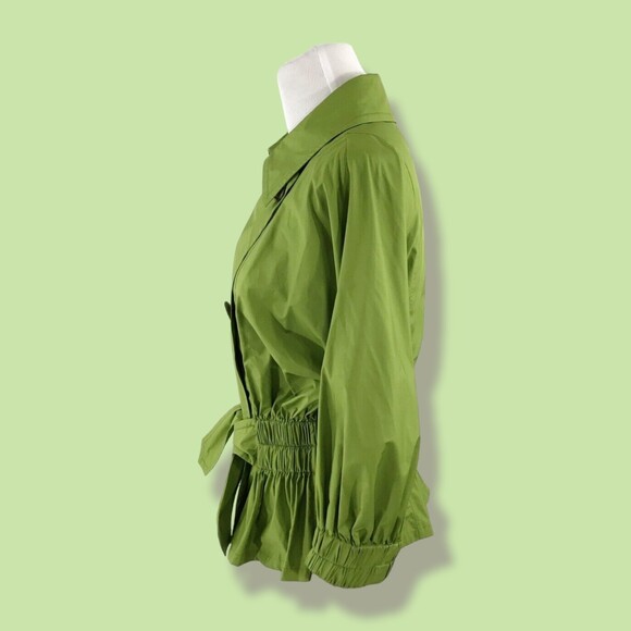PER SE Jacket 2 Women's Tie Waist Green Robbed Double Breasted Fitted artsy - Picture 2 of 9